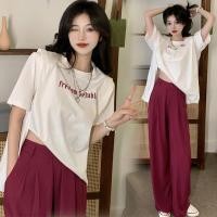 ราคา เพียวยูวินสีล้วนแหวกข้างแขนสั้นกางเกงขาตรงทรงหลวมแบบผ้าเดรปสูทสองชิ้นสำหรับผู้หญิงใส่ข้างนอกในฤดูร้อน (28560345057)