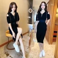 ราคา กระโปรงเสื้อสเวตเตอร์มีฮู้ดแบบยาวปานกลางสำหรับผู้หญิงกระโปรงยาวคลุมเข่าแขนสั้นเปิดไหล่เก็บเอวชุดเดรสดูผอมเรียบหรู (26010598152)