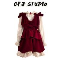 ราคา Store แนะนํา Original Bowknot Velvet Bud กระโปรงเสื้อลูกไม้ Rose กระโปรงสีแดงเสื้อชุดสองชิ้น All Match ins Xiaoxiang สไตล์แฟชั่น (25784921041)