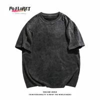 ราคา Pofloret เสื้อฟอก oversize เสื้อยืดสีพื้น ผ้าฝ้าย100 โอเวอร์ไซซ์ สีดําเข้ม เรโทร SC188 (24716981304)