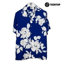 ราคา เสื้อฮาวาย ผ้าไหมอิตาลี เสื้อเชิ้ต แขนสั้น ลายดอกขาว Teentop น้ำเงิน (24831076742)