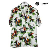 ราคา เสื้อฮาวาย ผ้าไหมอิตาลี เสื้อเชิ้ต แขนสั้น ลายนกแก้ว Teentop ขาว (27650572949)