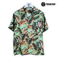 ราคา เสื้อฮาวาย ผ้าไหมอิตาลี เสื้อเชิ้ต แขนสั้น ลายใบไม้ขนนก Teentop เขียว (24231074325)