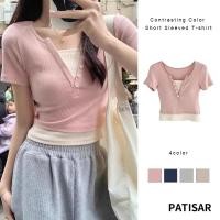 ราคา เสื้อยืดแขนสั้นสีตัดกันผู้หญิงเสื้อยืดรัดรูปปลอมเสื้อคอวีสองชิ้น PR (25834597854)