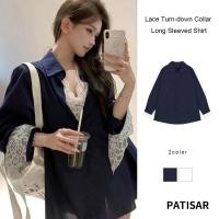 ราคา เสื้อเชิ้ตแขนยาวคอปกลูกไม้เปิดลงผู้หญิงเสื้อนิชหลวมความยาวกลางกระเป๋าเดี่ยวด้านบน PR (28461036501)