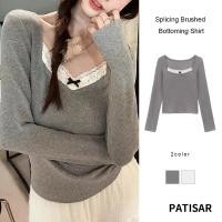 ราคา Splicing Brushed Bottoming เสื้อเสื้อยืดแขนยาวผู้หญิงเสื้อยืดขอบลูกไม้อเนกประสงค์ PR (26411036676)