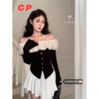 ราคา Cp French Ruffled One Shoulder Flared Sleeve เสื้อยืดสีดําผู้หญิงฤดูใบไม้ร่วงอารมณ์ Slimmer ดูการออกแบบสั้นด้านบน (27809748702)