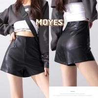 ราคา MOYES ผู้หญิงสีดำหนัง PU กางเกงขาสั้นใหม่ขากว้างกางเกงเอวสูง (24904526175)