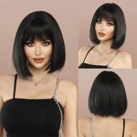 ราคา สีดําผมสั้นบ๊อบหัวบ๊อบวิกผมผู้หญิงหน้าม้าผมสั้นตรงหมวกใยเคมีวิกผม (28011197676)