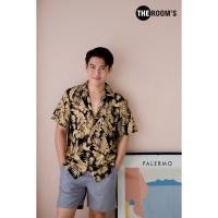 ราคา เสื้อฮาวาย Hawaii เดอะรูม ผ้าสปัน สีพื้นดำ ลายใบทอง (23329464284)