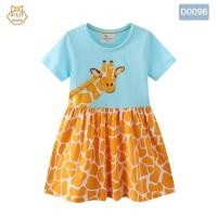 ราคา พร้อมส่งจากไทย ชุดกระโปรงเด็กหญิง เดรสเด็กหญิงผ้าคอตตอน100 เดรสสีฟ้าเหลือง ปักลายยีราฟ (25836026749)