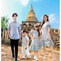 ราคา ชุดไทย Mudmee สีฟ้า ชุดครอบครัว ผ้าทอไทยแท้ ชุดสตรี ชุดไทยประยุกต์ ชุดไทย ผ้าทอล้านนา เดรสผ้าทอล้านนา (19130985578)