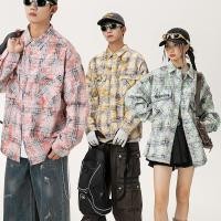 ราคา เสื้อเชิ้ตแขนยาวผู้ชายเส้นด้ายย้อมลายสก๊อตสีขาวเยื่อกระดาษดอกไม้มัดย้อมผ้าปัก (28908199681)