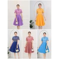 ราคา N641 ชุดเดรสผ้าทอลายไทย คอจีนกระดุม กระโปรงทรงย้วย อัดกาว ผู้หญิง woman lady (26100569162)