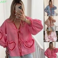 ราคา แค่ ฤดูร้อนผูกโบว์เสื้อท็อปส์ กระเป๋าหัวใจนัวเนียลายสก๊อตกุทัณฑ์ลูกไม้ขึ้นเสื้อ หวานโคมไฟแขนคอวีรักหลวมเก๋พัฟเสื้อแขนกุดท็อปส์ฤดูใบไม้ผลิ สุมม (28353187206)