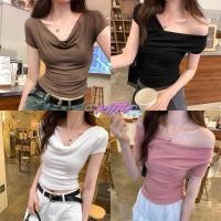ราคา Kitty พร้อมส่ง เสื้อยืดแขนสั้นเปิดไหล่ เสื้อปาดไหล่ข้างเดียวผู้หญิง เซ็กซี่้แฟชั่นเกาหลี คอวี สีพื้นเสื้อครอปcrop top (27306999515)