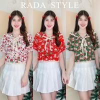 ราคา RADA STYLE T154 เสื้อครอปผ้าไหมอิตาลี พิมพ์ลายคริสต์มาส ผูกโบว์ แต่งลูกไม้ (28269280505)