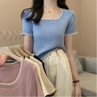 ราคา LUNE 29028 เสื้อครอปไหมพรม คอกลม แขนสั้นเสื้อยึดไหมพรมคอกลม เสื้อเเฟชั่นเกาหลีแขนสั้นปักขอบสี (23244296663)