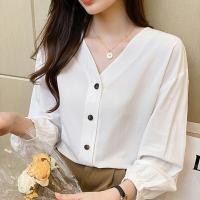 ราคา Lune Graceเสื้อเชิ้ตแขนยาว คอวีแขนจั้ม สีพึ้น แมชต์ง่าย กระดุมลายไม้ แฟชั่นเกาหลี แนวออฟฟิศ รุ่นW394 (28953885310)