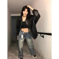 ราคา ราคาพิเศษ F x เสื้อหนังมีเอกลักษณ์ส่วนตัวเสื้อหนังหนัง PU สีดำแนวสตรีทสไตล์อเมริกันเสื้อแจ็คเก็ตมอเตอร์ไซค์คอปกซิปแนววินเทจทรงหลวมสำหรับฤดูใบไม้ร่วง (28919146076)