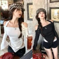 ราคา Lisa พร้อมส่ง เสื้อครอปแขนยาวคล้องคอ เสื้อเซ็กซี่ผู้หญิง สีพื้น Y2K เสื้อเอวลอยทรงรัดรูป สไตล์สวาเกาหลีเกาหลี (24090474496)