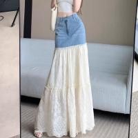 ราคา กระโปรงยีนส์ผู้หญิงแบบลายลูกไม้ สไตล์บาง สีก เส้น ทรงยาวคลุมสะโพก (43005508454)