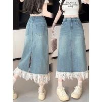 ราคา กระโปรงยีนส์เอวสูงสำหรับผู้หญิง แบบ A line ดีไซน์ลูกไม้เย็บขอบ สไตล์ Guy ขนาดเล็ก กระโปรงยาว (43005508509)