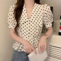 ราคา 2025 ฤดูร้อนใหม่สลิมมิ่งแขนสั้นตุ๊กตาปกลายจุดด้านบนสําหรับผู้หญิง (40554968539)