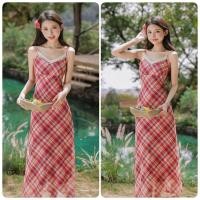 ราคา ชุดเดรสผู้หญิง สายเดี่ยว ทรงคอวี ลายสก็อตสีแดง เย็บลูกไม้ เอวเข้ารูป (40306016115)