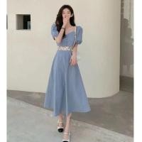ราคา เดรสยาวปานกลางแต่งลูกไม้ฝรั่งเศสคอเหลี่ยมแขนพองสีน้ำเงิน (29333536055)