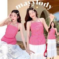 ราคา mayylody เสื้อผูกสายผูกคอ สก็อตแดงสไตล์เกาหลี น่ารัก so cute เสื้อคล้องคอ สายเดี่ยว (25130583409)