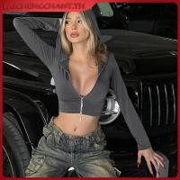 ราคา เสื้อครอปท็อปแขนยาว มีฮู้ด แต่งซิป สีพื้น สําหรับผู้หญิง (26028038356)