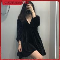 ราคา Plus size เสื้อผ้าสาวอวบ เดรสสาวอวบอ้วน ไซส์ใหญ่ ผู้หญิง เดรสออกงาน ทรงหลวม แขนยาว คอวี ผ้ากํามะหยี่ ย้อนยุค สีดำ ฤดูใบไม้ร่วง สไตล์เกาหลีแฟชั่น (43824557944)