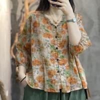 ราคา ฤดูร้อน เสื้อเชิ้ตผ้าฝ้ายลินินริ้วสำหรับผู้หญิง แบบสบายๆ คอวี น้ำหนักเบา ระบายอากาศได้ ทรงหลวม เสื้อยืดพิมพ์สำหรับผู้หญิง (27780642433)