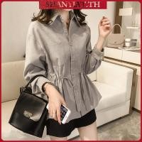 ราคา เอวรูดเชือกแฟชั่น เสื้อเชิ้ตสีพื้นจั๊มเอวแขนยาว เสื้อทำงานผู้หญิง (42723615026)