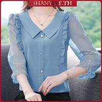 ราคา เสื้อเชิ้ต ผ้าชีฟอง คอตุ๊กตา แขนเข้ารูป แต่งระบาย สําหรับผู้หญิง (24537662779)