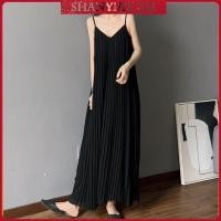 ราคา Plus size เสื้อผ้าสาวอวบ เดรสสาวอวบอ้วน ไซส์ใหญ่ ผู้หญิง เดรสสายเดี่ยว ผ้าชีฟอง ยาว คอวี จีบอก สีดำ ฤดูร้อน สไตล์เกาหลีแฟชั่น (40223827347)