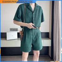 ราคา ชุดสูทคอปกครึ่งแขนเสื้อสูทผู้ชายจับคู่หล่อหลวมกางเกงขาสั้นชุดลําลองสองชิ้น (26112864068)