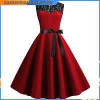 ราคา ย้อนยุคแขนกุดลูกไม้เย็บสีทึบแกว่งขนาดใหญ่ชุดสตรีชุดราตรี (41070408814)