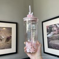 ราคา Breeze Cup Starbucks Double layer Coffee Cup Cute Sakura Pattern with Straw Pink 591 ml YLYD (40713214549)