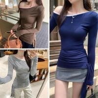 ราคา KAN สาวร้อนปิดไหล่ Slim Bottoming เสื้อฤดูใบไม้ร่วงไหล่เฉียงริบบิ้นเสื้อยืดสําหรับผู้หญิง FXH (44224607496)