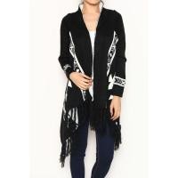 ราคา เสื้อสเวตเตอร์คาร์ดิแกนสีดำและสีขาวสำหรับผู้หญิง ผ้าพันคอผ้าคลุมไหล่ ผ้าคลุมไหล่แบบทอไหมพรม สไตล์โบฮีเมี่ยน (50550935240)