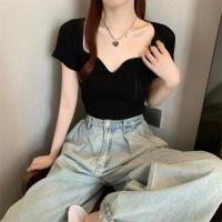 ราคา JJ shop พร้อมส่ง เสื้อแขนสั้นคอรูปหัวใจ ไหมพรมผ้าร่อง รัดรูปสวยสุดๆ เสื้อไหมพรมสีดำ (41018066839)