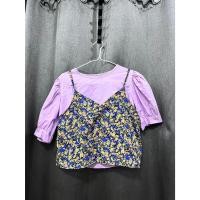 ราคา เซท เสื้อแฟชั่น เอี๊ยม เสื้อแขนตุ๊กตาแต่งสายเดี่ยวลายดอก สีขาวลายดอก สีม่วง หน้าร้อน (26570637504)