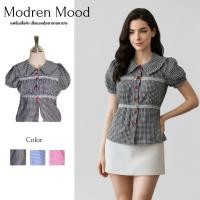 ราคา พร้อมส่ง เสื้อลายสก็อตเล็กคอบัว แขนตุ๊กตา แต่งกระดุมแดงสไตล์วินเทจเกาหลีหวานละมุน มีหลายสี (28093306917)