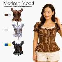 ราคา เสื้อผู้หญิงแขนสั้นแฟชั่น ลายทาง คอระบายแต่งลูกไม้ สไตล์เกาหลีหวานละมุน (27392384919)