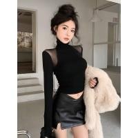 ราคา ฤดูใบไม้ร่วงและฤดูหนาวอเมริกันย้อนยุคสีดําและสีขาวเซ็กซี่มุมมองตาข่ายประกบคอเต่าเรียงรายขนแกะ จุดต่ําสุด เสื้อ (44550893846)