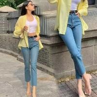 ราคา กางเกงยีนส์เอวสูง พร้อมส่ง ผ้ายีนส์ยืดขาเดฟ เข้ารูปสไตล์เกาหลี กางเกงยีนส์ขายาวผู้หญิง ใส่สบาย (25987780314)