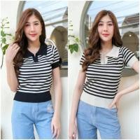 ราคา เสื้อคอปกแขนสั้น ไหมพรมลายทาง แฟชั่นสไตล์เกาหลี พร้อมจัดส่ง (41257011066)