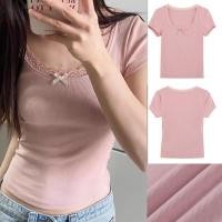 ราคา พร้อมส่ง เสื้อยืดแขนสั้น เสื้อลูกไม้ คอกลมลายลูกไม้สีขาวสำหรับผู้หญิง Y2K เสื้อครอปทรงเข้ารูป (28475669826)